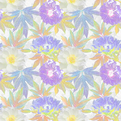 Seamless retro floral pattern. White, lilac flowers on a light background.