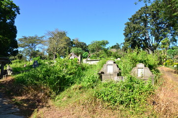 Fototapeta na wymiar Tombstones On Grassy Field In Cemetery Against Sky