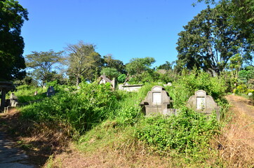 Tombstones On Grassy Field In Cemetery Against Sky