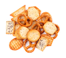 Mix crackers isolated on white background. Dry cracker cookies isolated. Salty snacks isolated. Top view.