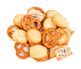 Mix crackers isolated on white background. Dry cracker cookies isolated. Salty snacks isolated. Top view.