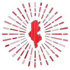 Sketch map of Tunisia. Sunburst around the country in flag colors. Hand drawn Tunisia shape with sun rays on white background. Vector illustration.