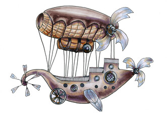 Watercolor drawing of a fantastic airship. Illustration of A flying machine in the steampunk style. Hand-drawn. Isolated on a white background. Air transport of the 19th century © Nadine.de.trevile