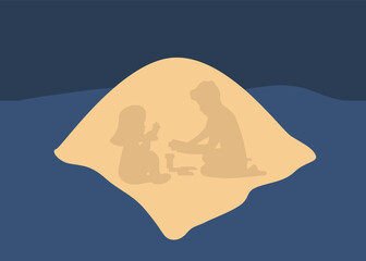 Children under the covers play games with a flashlight at night. Silhouette of a boy and a girl. Vector illustration