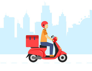 Fototapeta na wymiar The concept of online shipping services, approved online shipping, home and office shipping. Motorcycle Courier. Vector illustration