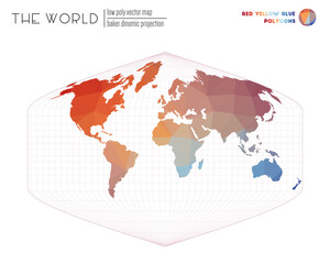 World map in polygonal style. Baker Dinomic projection of the world. Red Yellow Blue colored polygons. Trending vector illustration.