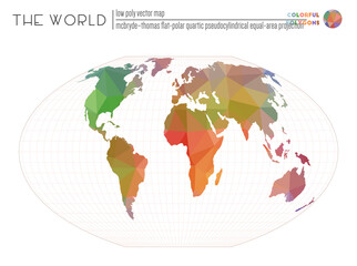 Abstract world map. McBryde-Thomas flat-polar quartic pseudocylindrical equal-area projection of the world. Colorful colored polygons. Modern vector illustration.