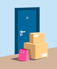 Package parcel and shopping bag in front door, symbol for online shopping delivery and awareness from package theft concept in cartoon illustration vector