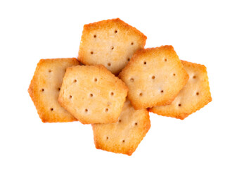 Cracker isolated on white background. Dry cracker cookies isolated. Salty snacks isolated. Top view.