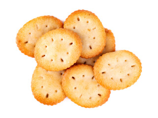 Cracker isolated on white background. Dry cracker cookies isolated. Salty snacks isolated. Top view.