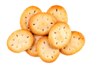 Cracker isolated on white background. Dry cracker cookies isolated. Salty snacks isolated. Top view.