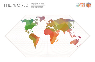 Abstract world map. Eckert I projection of the world. Colorful colored polygons. Creative vector illustration.