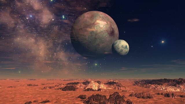 Two Moons Over Alien Landscape. Two planets (moons) revolve over a lifeless desert. In the dark sky, bright stars, nebulae and slowly floating clouds.
