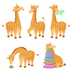 Set of funny cartoon giraffies on white isolated