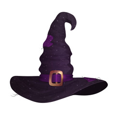 Old witch hat with magic lights on white isolated, Halloween vector illustration