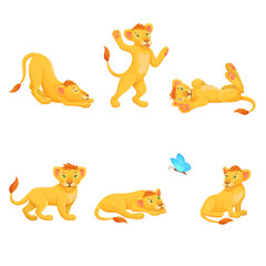 Set of funny cartoon lions on white isolated