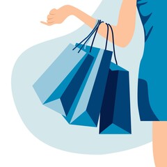 Fototapeta na wymiar Vector flat illustration of girl shopping. Discount sale, online order, flash sale, online store concept vector background