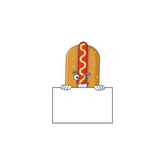 Mascot design style of hotdog standing behind a board
