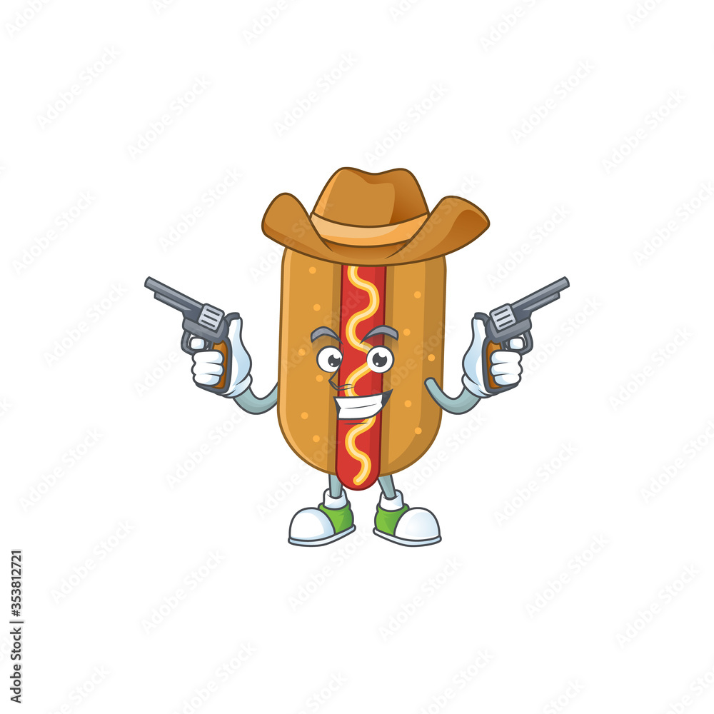 Wall mural a masculine cowboy cartoon drawing of hotdog holding guns