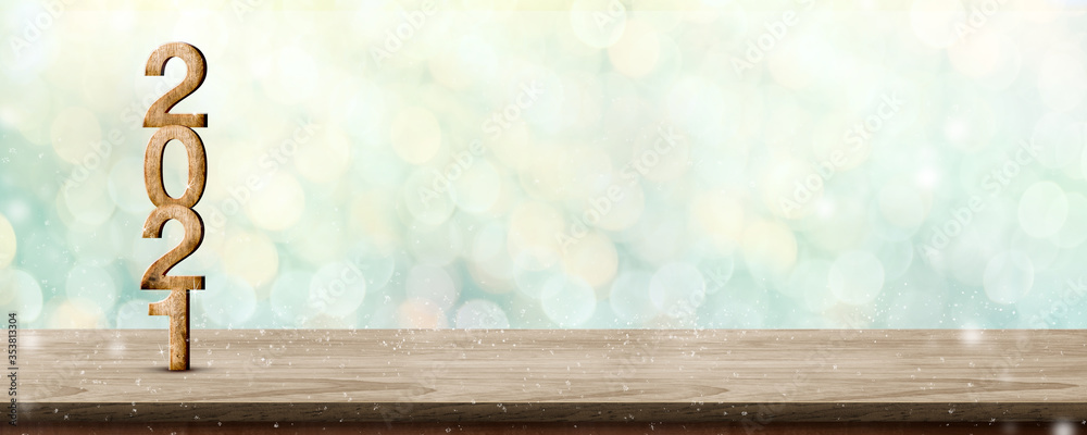 Aufkleber 2021 happy new year wood number (3d rendering) on wood table with sparkling green xmas tree bokeh wa