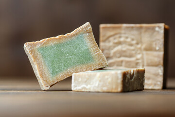 Bar and two slices of traditional aleppo organic laurel soap on a brown wooden background.
