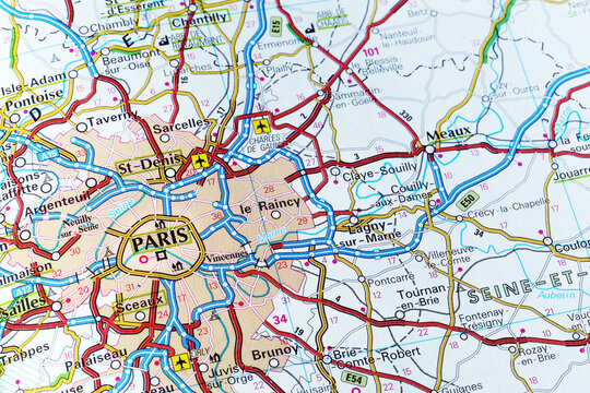 Paris city road map area. Closeup macro view of Paris urban area