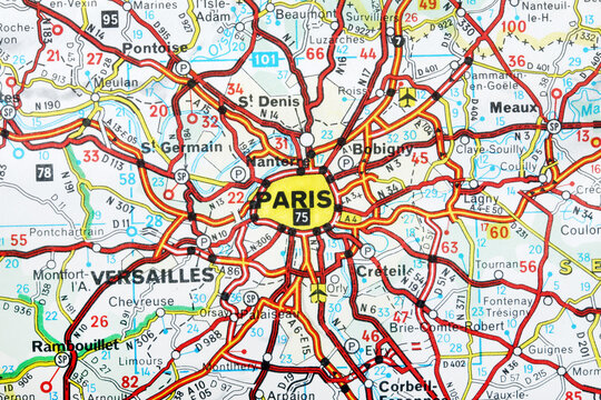 Paris city road map area. Closeup macro view of Paris urban area