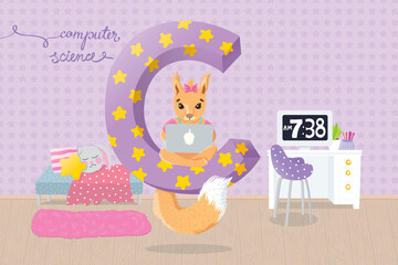 Letter C. Squirrel is working on a laptop. Computer science lettering.