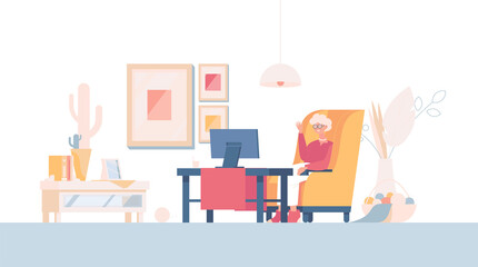 Old woman talk via video conference or watch TV vector flat cartoon illustration. Grandmother at home.