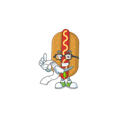 cartoon mascot design of hotdog holding a menu list