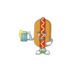 A cheerful hotdog cartoon mascot style toast with a glass of beer