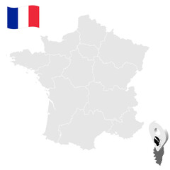 Location of Corsica on map France. 3d location sign similar to the flag of Corsica. Quality map  with regions of  French Republic for your design. EPS10.