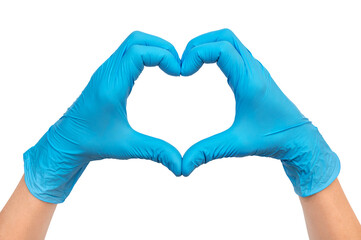 Fototapeta premium Hands in blue medical gloves showing heart sign. Isolated on white.