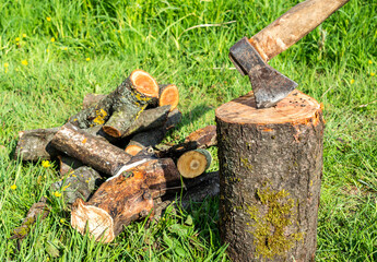 Axe in a log with heap of firewoods.