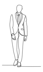 Confident Business Man Walking Over White Background. Continuous single line drawing vector illustration