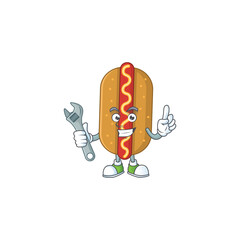 A smart mechanic hotdog cartoon mascot design fix a broken machine
