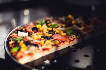 Pizza food preparation vegitarian with pepperoni