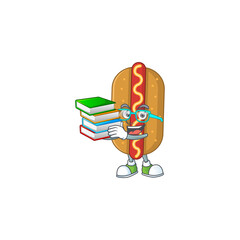 A mascot design of hotdog student having books