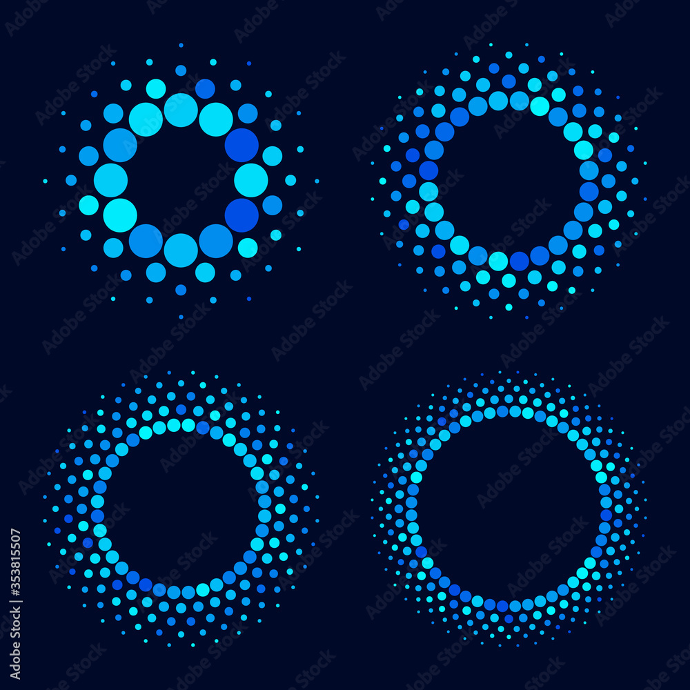 Poster set of blue halftone circles with dots differents colors