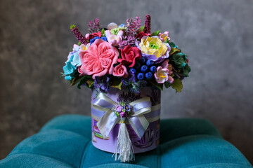 ceramic bouquet of roses in a basket