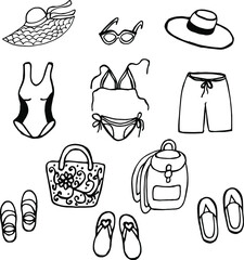 
Large set of male and female beachwear on an isolated white background.