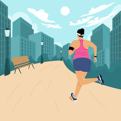 Solo outdoor activities concept. Yong woman is running alone in the city. Flat style vector illustration