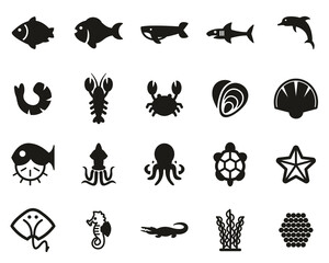 Sea Life & Seafood Icons Black & White Set Big