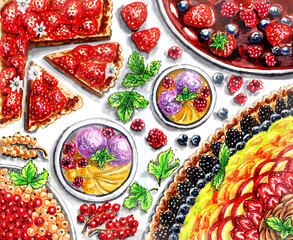 Delicious berry pie with a delicious apple pie, a plate with berries and fruits, popsicles. View from above. Healthy and delicious desserts. Drawn by hand.