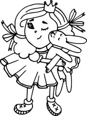 the girl is a little Princess hugs rabbit toy coloring black and white cute sly wink