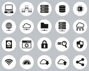 Server & Data Center Icons Black & White Flat Design Circle Set Big