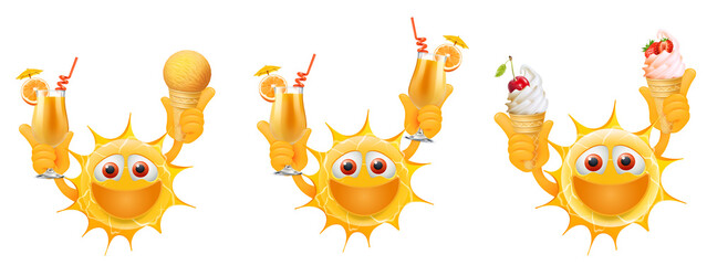 Obraz premium Happy Summer Sun Emoticons. Happy Sun Emoji with orange juice and ice cream in the hands. Summertime Illustration. Isolated on white background.