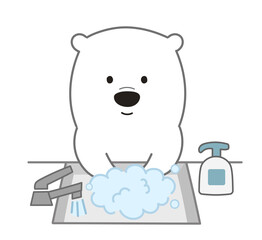 Polar bear washing his hands using a hand sanitizer. Vector illustration isolated on white background.	