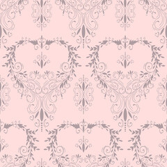 Decorative hand drawn openwork of heart shape pattern. Pink ornate seamless pattern for design Valentine's Day, Women's Day, Mother's Day greeting card, wedding invitation, wallpaper, wrapping paper