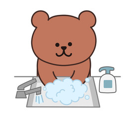 Bear washing his hands using a hand sanitizer. Vector illustration isolated on white background.